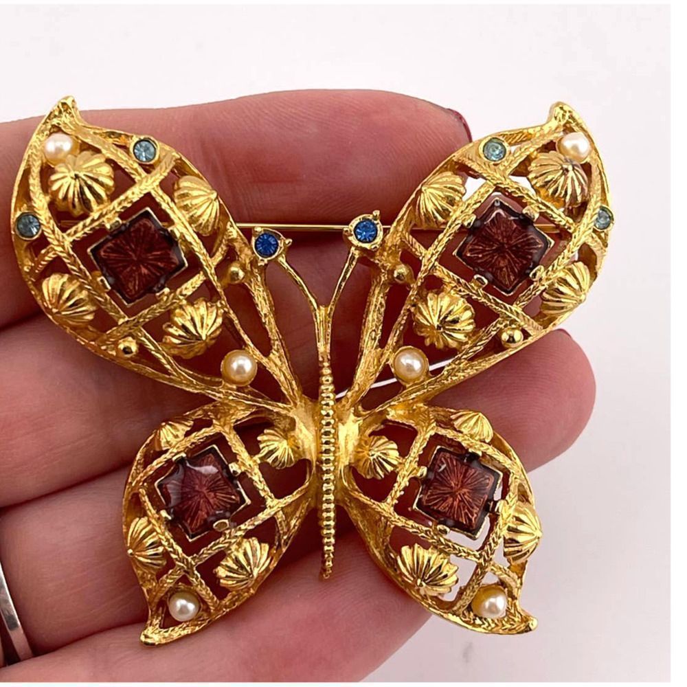 VTG Avon 1990s Large Butterfly Faux Pearl Rhinestone Brooch Pin